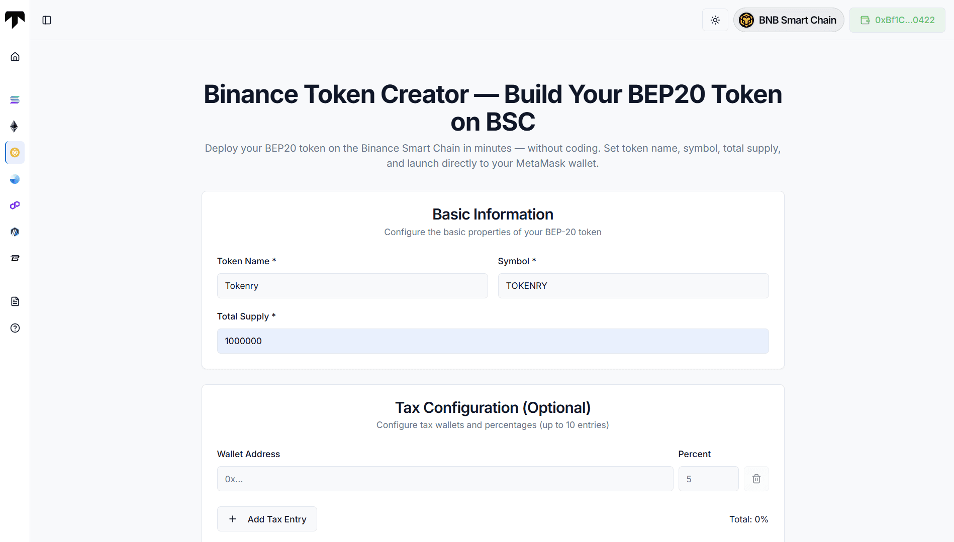 filling basic information in binance token generator