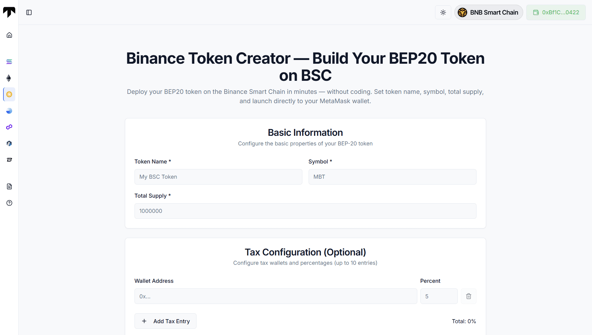 tokenry binance token creator tool screenshot