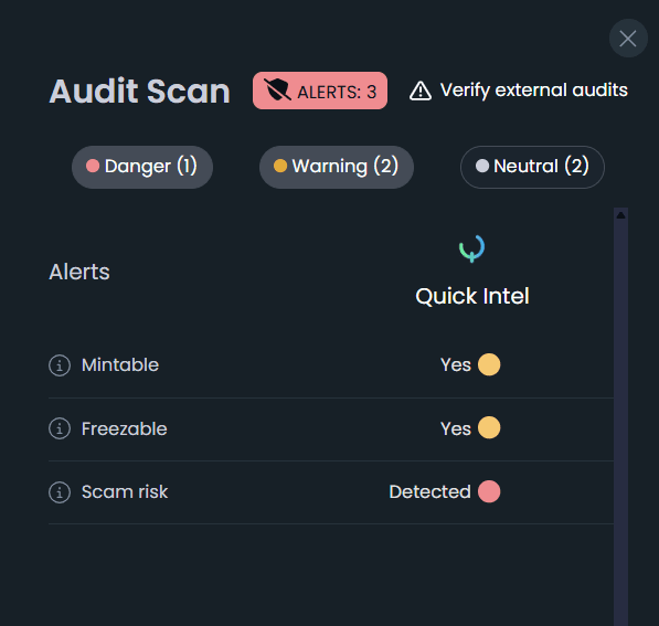 screenshot of dextools.io showing flags for having authority