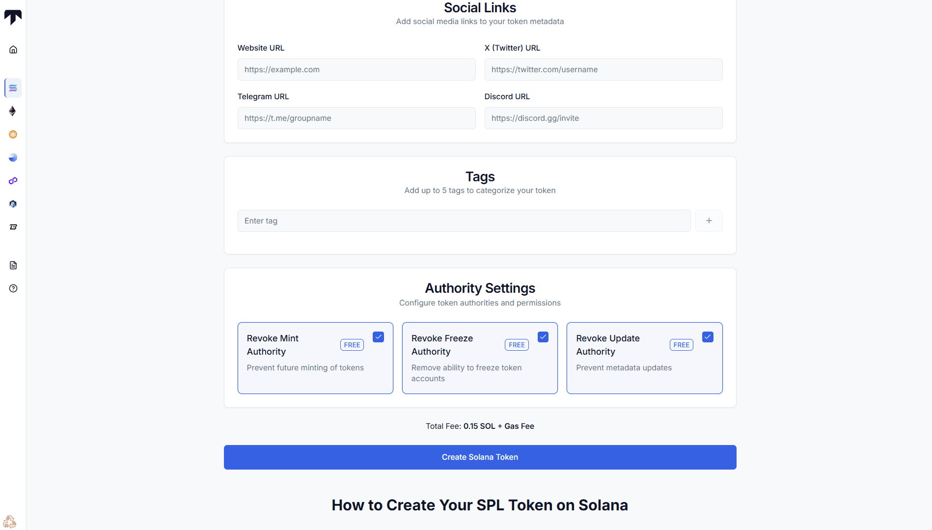 screenshot of revoke authority section in Tokenry's Solana token creator