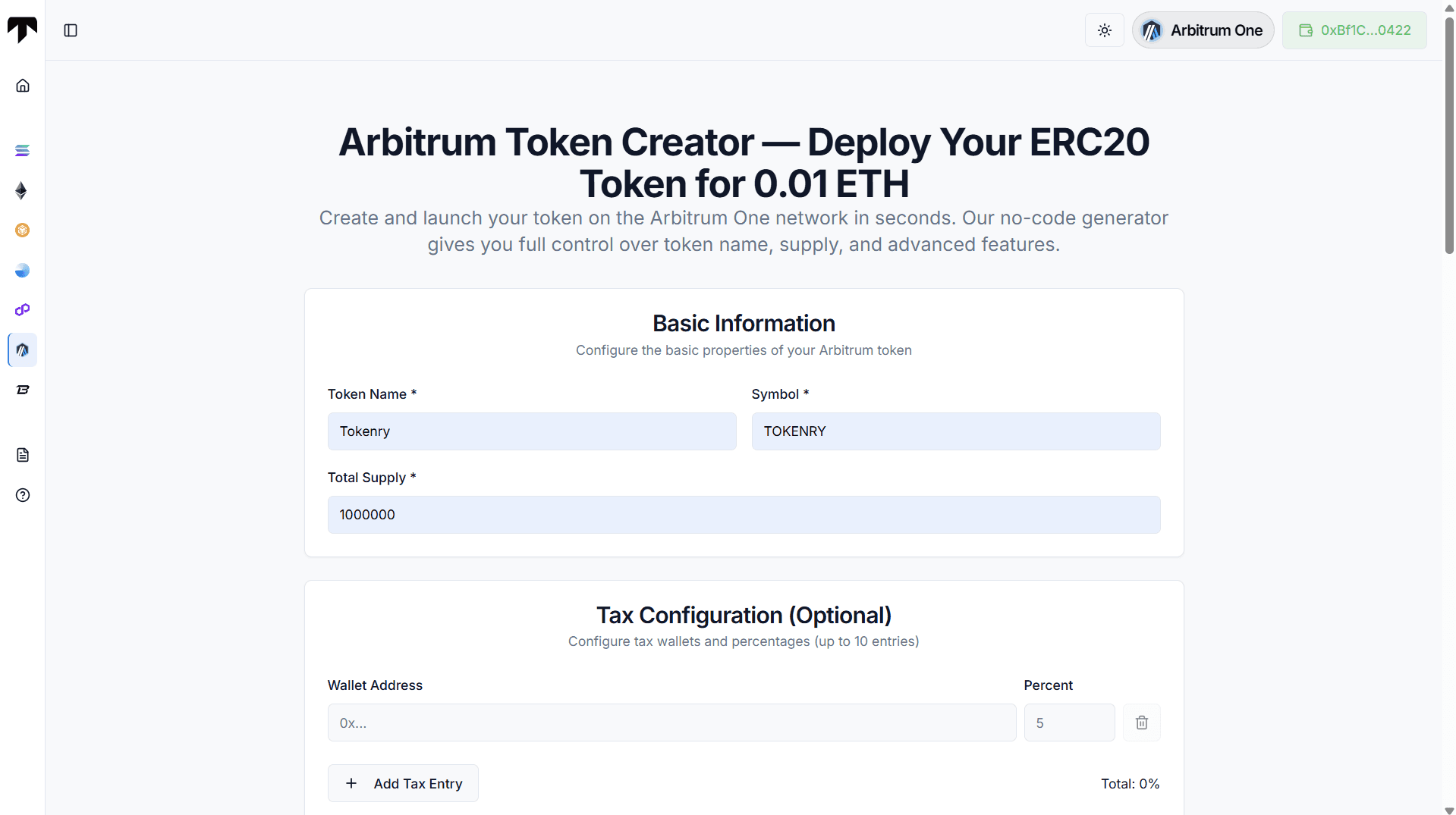 filling basic information in arbitrum token generator