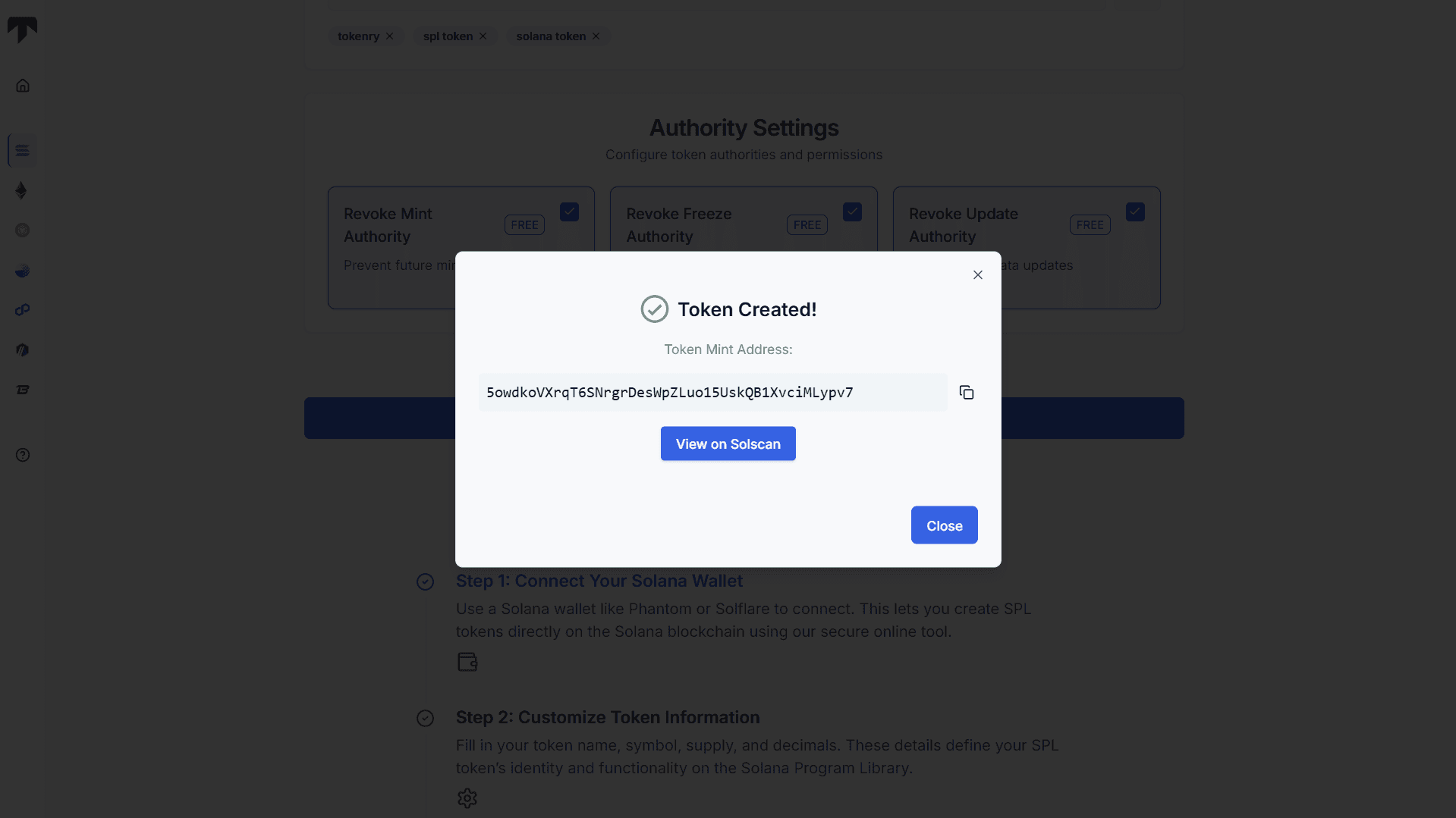 token created successful dialog