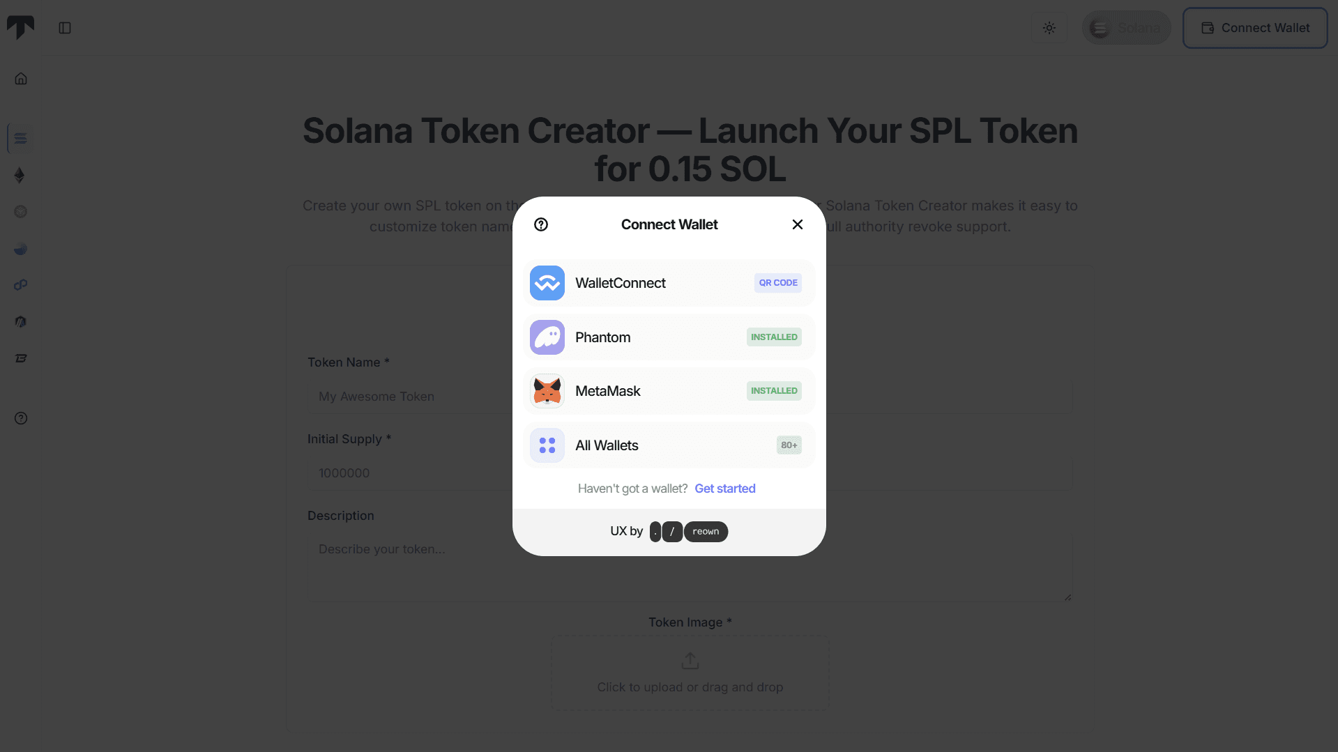 wallet connect modal on tokenry