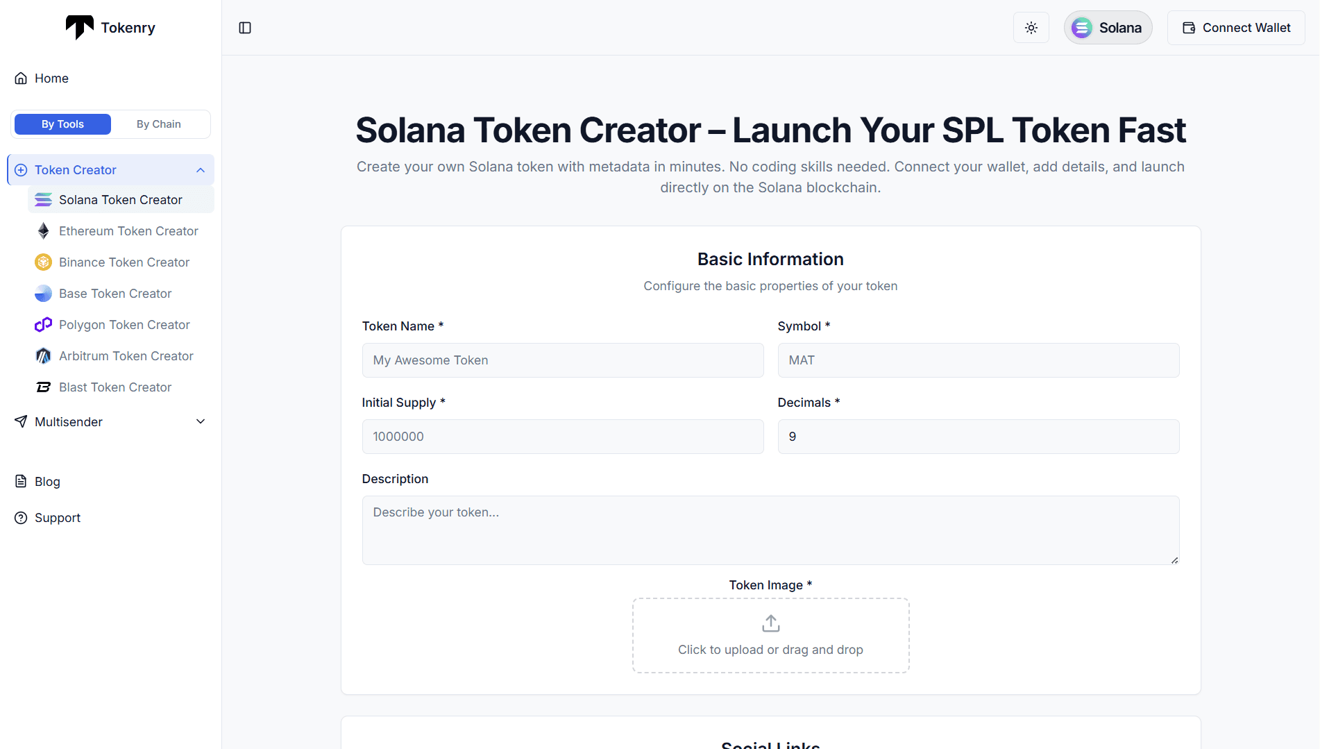 tokenry solana token creator page screenshot