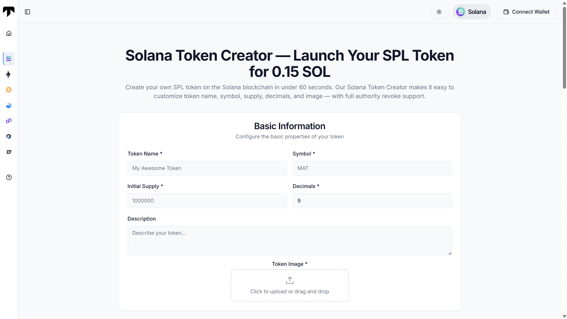 screenshot of tokenry's solana token creator
