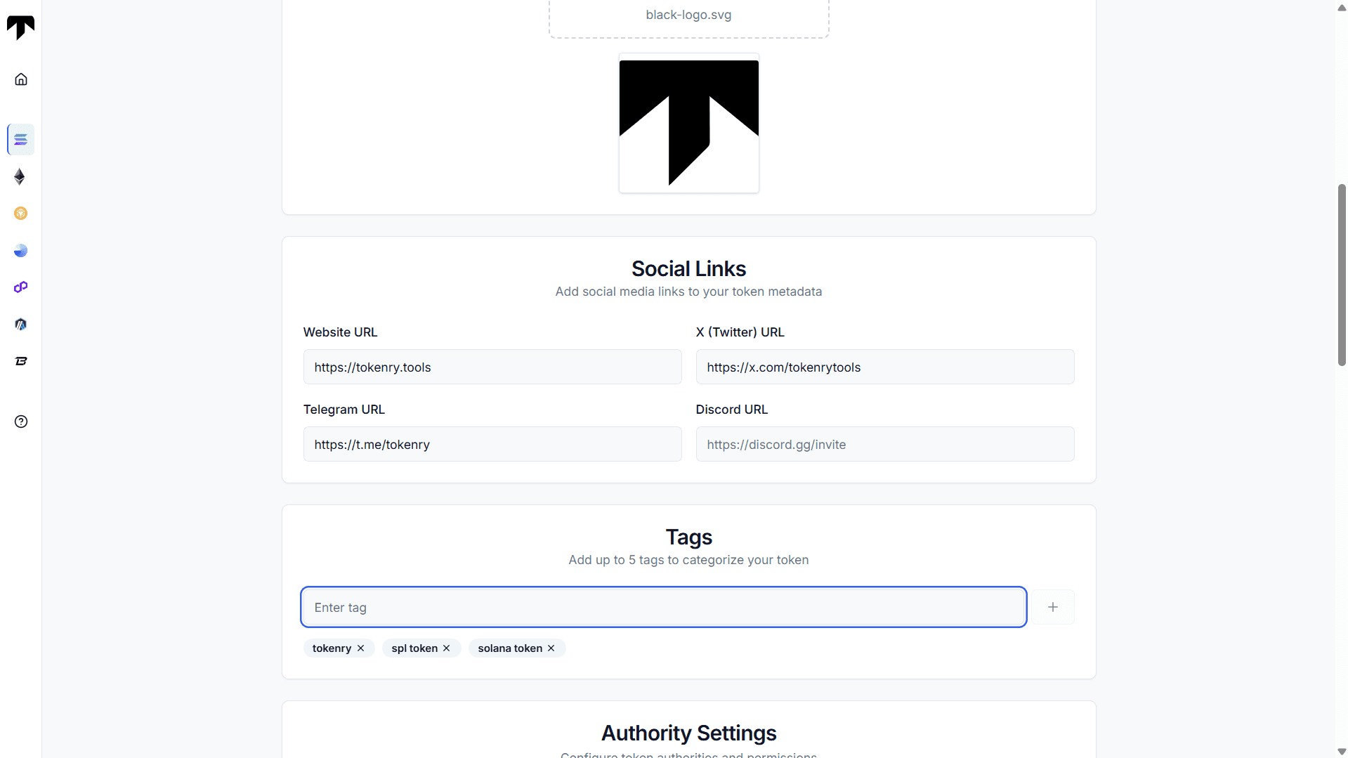 adding social links and tag to solana token