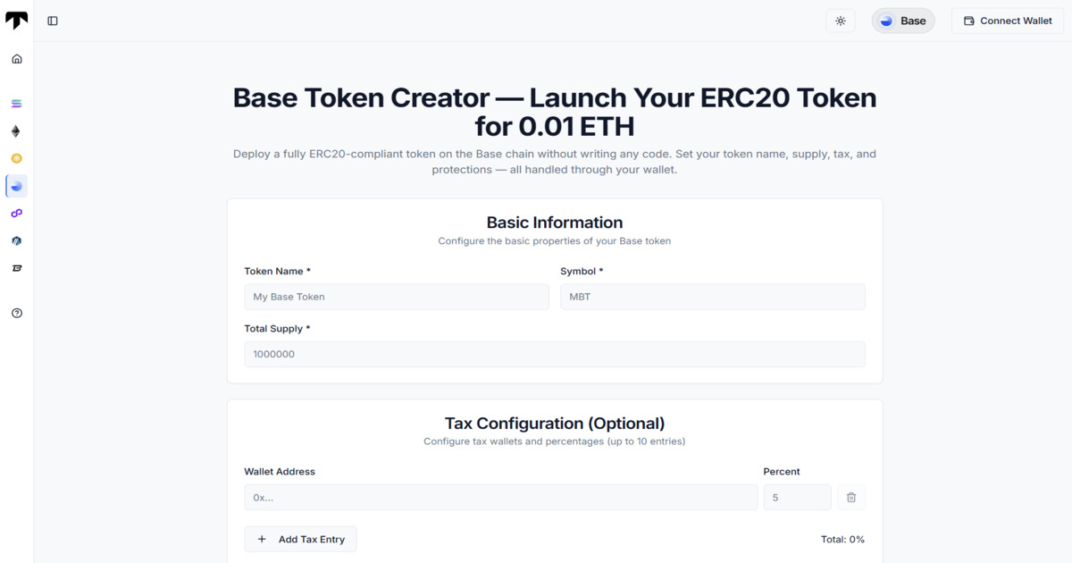Base Token Creator - Create ERC20 Token for 0.01 ETH | No Coding